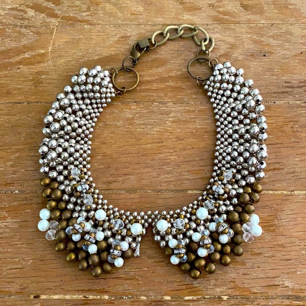 Collar necklace metal, brass, pearl, rhinestone